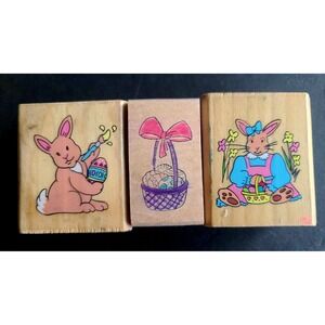 Vintage Easter Rubber Stamps Wood Mounted Bunny Egg Painting Basket Set of 3